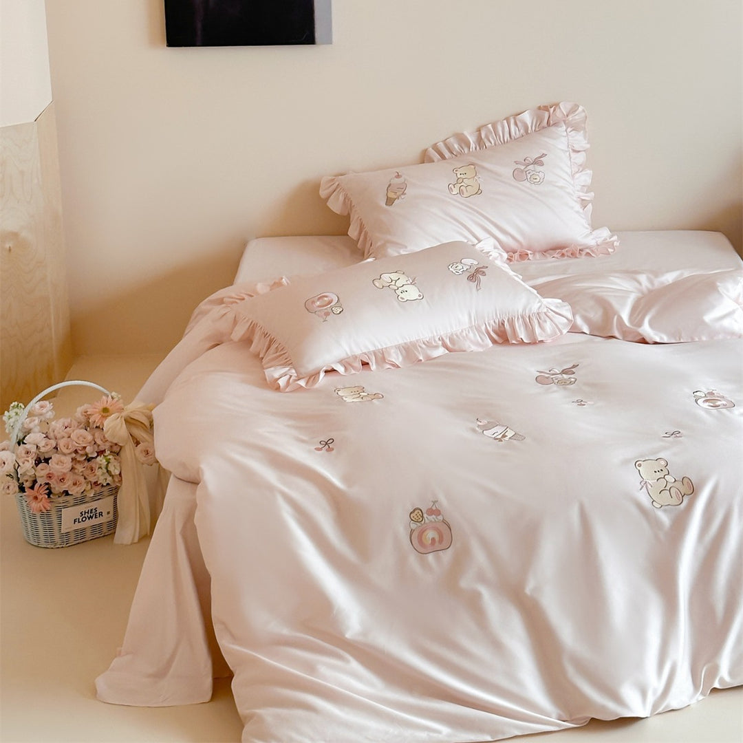 Ruffled Embroidered Duvet Cover Set with Cartoon Bear & Dessert Motifs