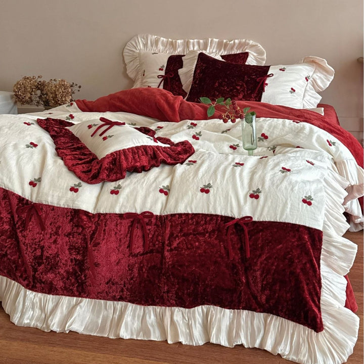 Luxurious Velvet Embroidered Cherry Ruffle Bedding Set