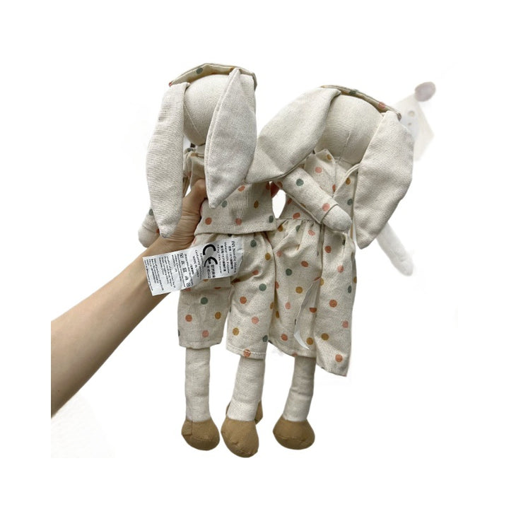 Handcrafted Linen Bunny Rag Doll with Long Ears and Gingham Dress