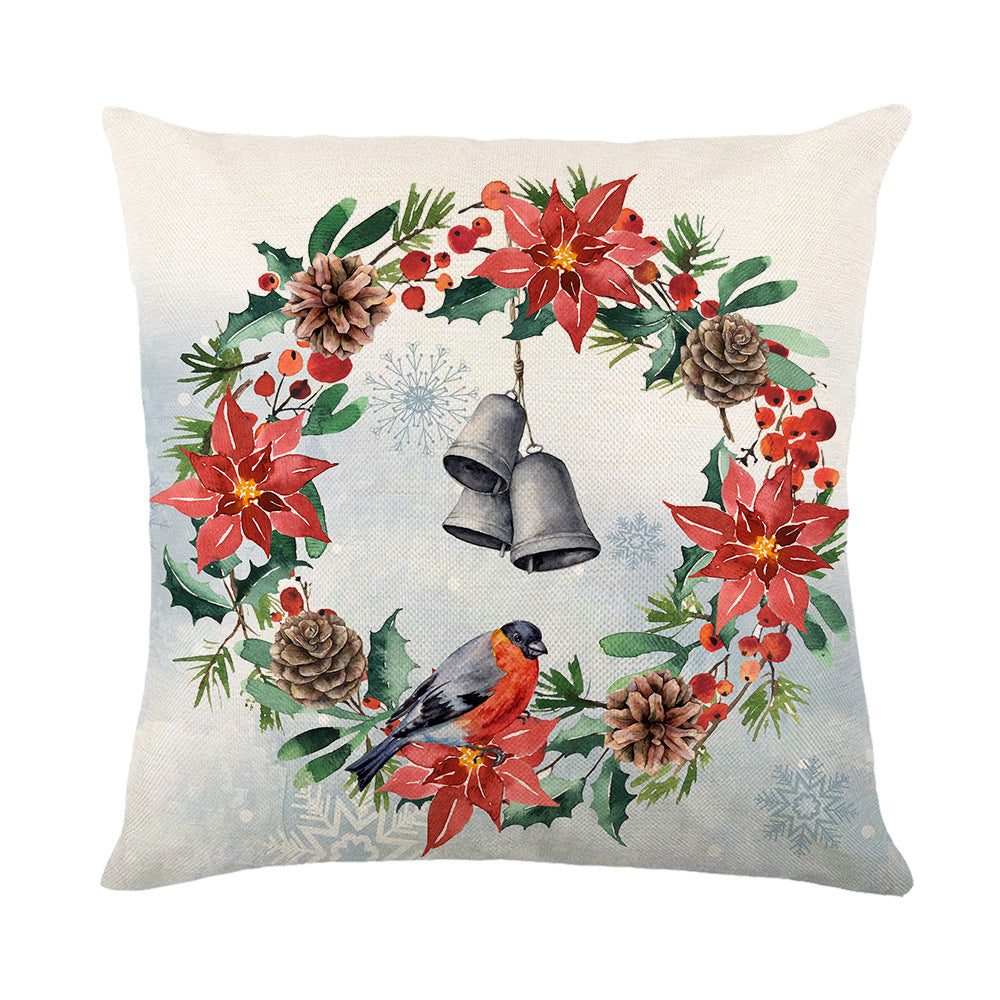 Festive Botanical Wreath Linen-Blend Cushion Cover with Painted Bird & Jingle Bells Artwork