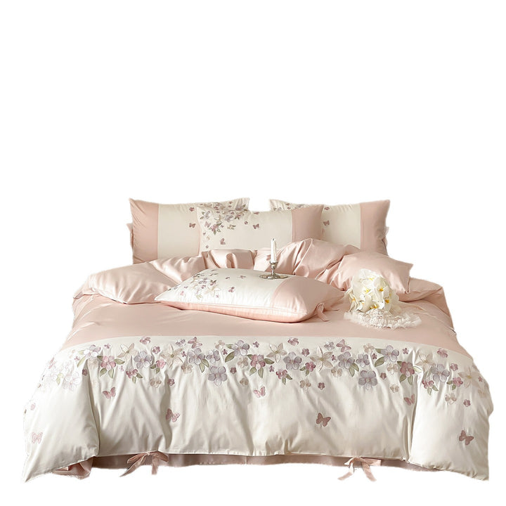 Floral Embroidered Cotton Sateen Duvet Cover Set with Ribbon-Tie Shams
