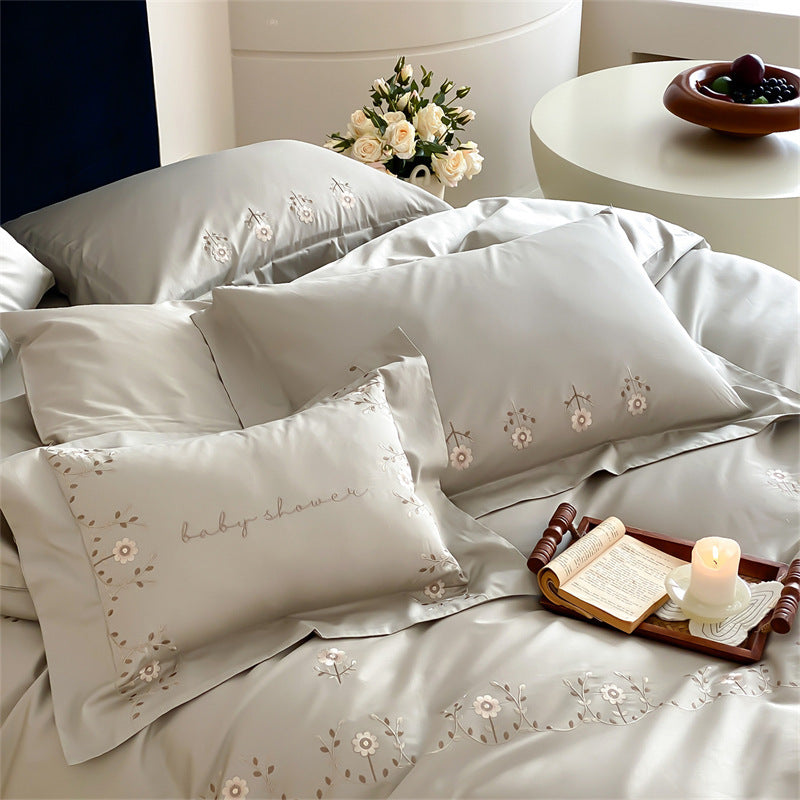 Embroidered Cotton Sateen Duvet Cover Set with Floral Border and Decorative Pillow Shams