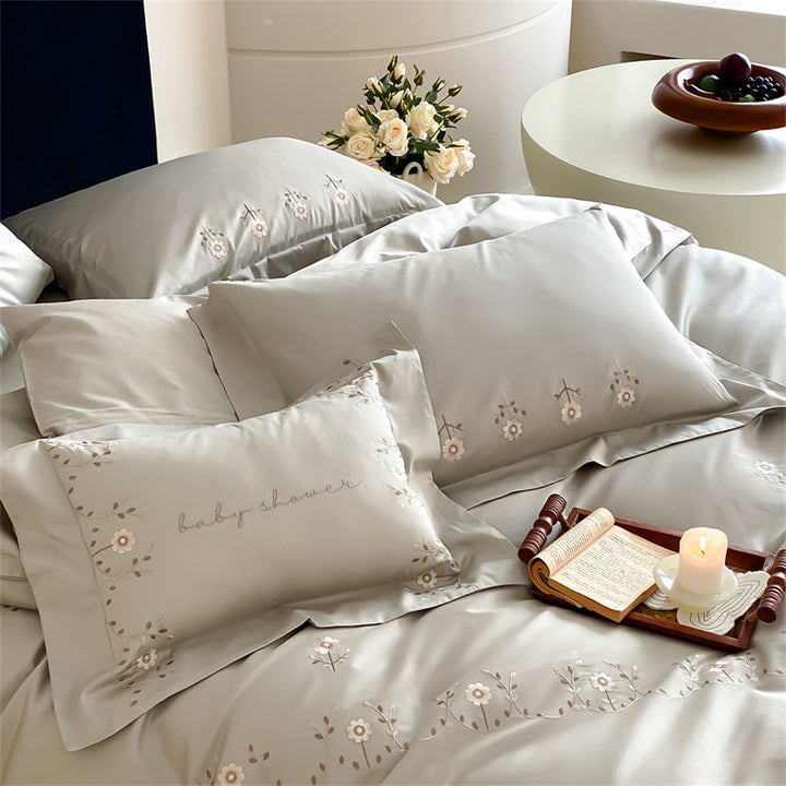 Embroidered Cotton Sateen Duvet Cover Set with Floral Border and Decorative Pillow Shams