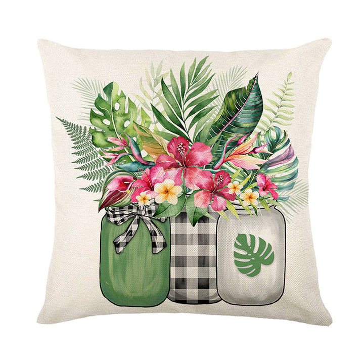 Decorative Square Cotton-Linen Throw Pillow Cover with Script Sweet Summer Time and Buffalo Check Ribbon Print