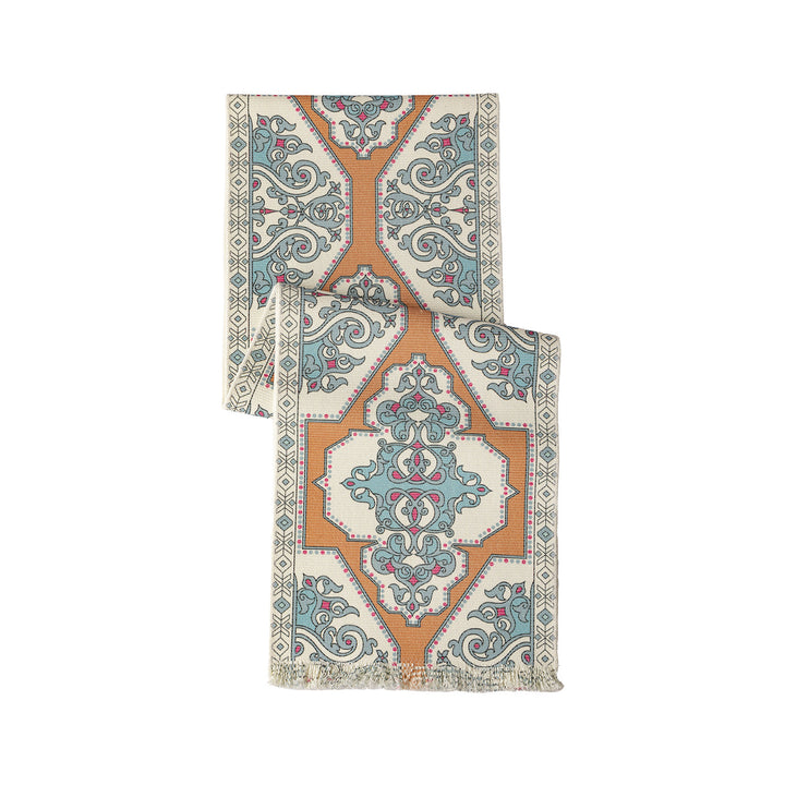 Woven table runner made of cotton blend with oriental medallion pattern and fringes Stornfield