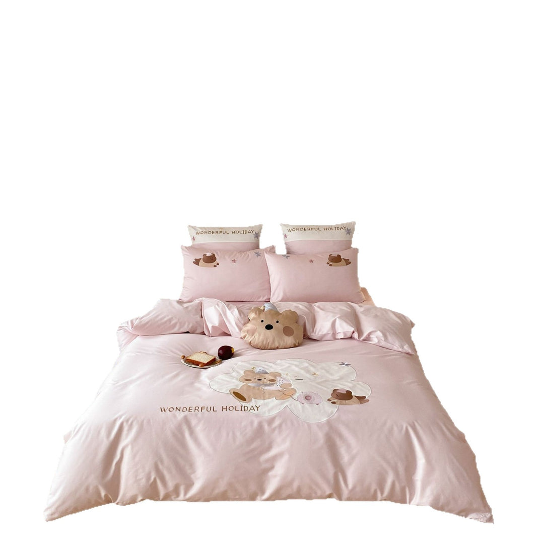 Cotton Sateen Teddy-Bear Printed Duvet Cover Set with Pillow Shams and Plush Accent