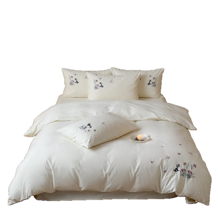 Embroidered Cotton Sateen Duvet Cover Set with Cat and Floral Motif