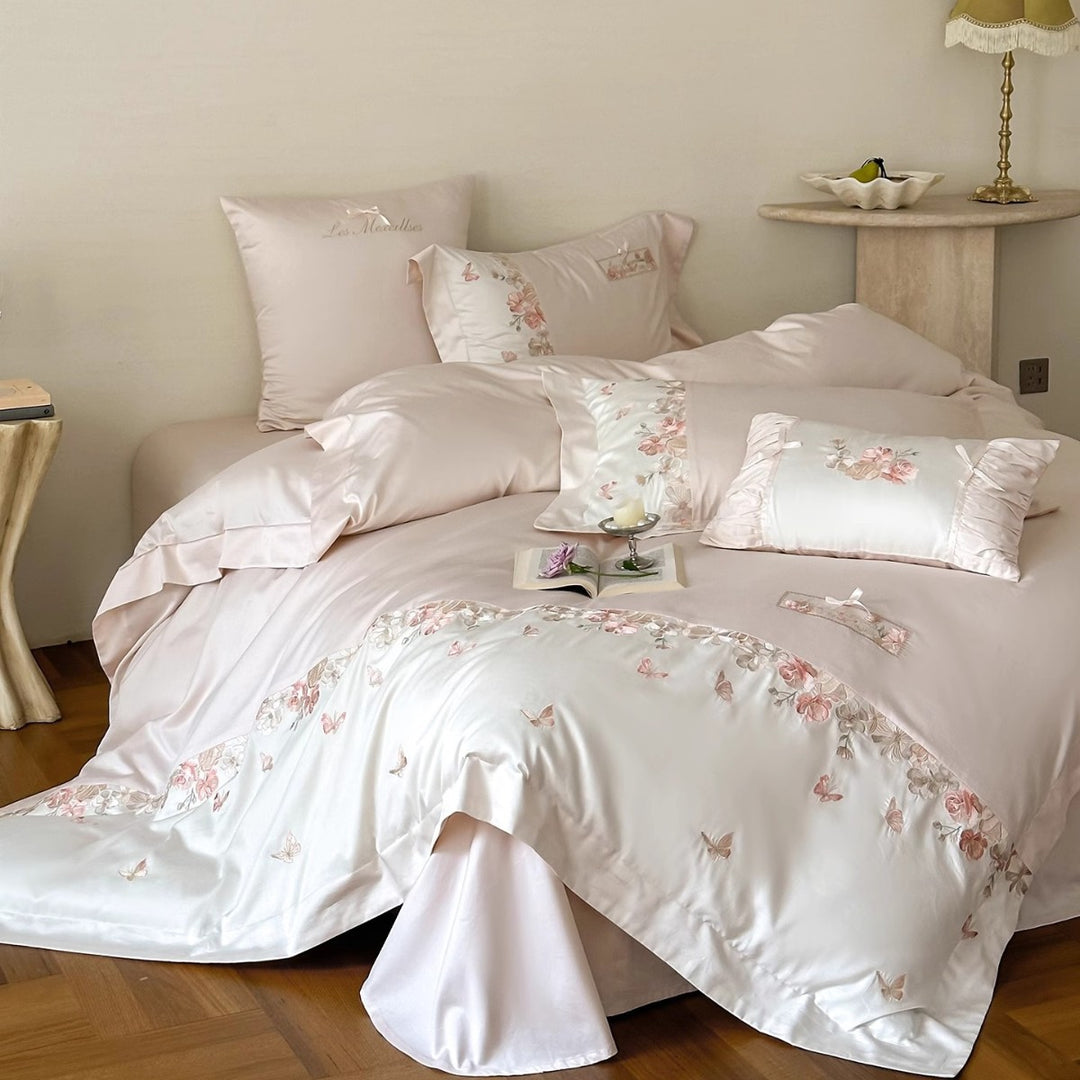 Silk-Feel Embroidered Floral Duvet Cover Set with Ruffled Accent Pillow