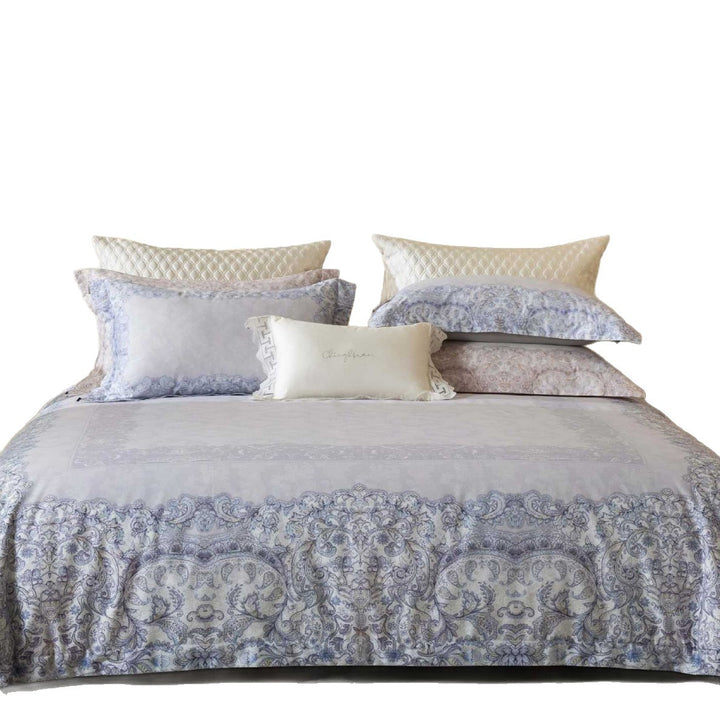 Exclusive bedding set with dark floral jacquard and satin border finish