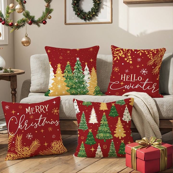 Square Holiday Linen-Feel Throw Pillow Cover with Hello Winter Script and Metallic Gold Botanical Accents