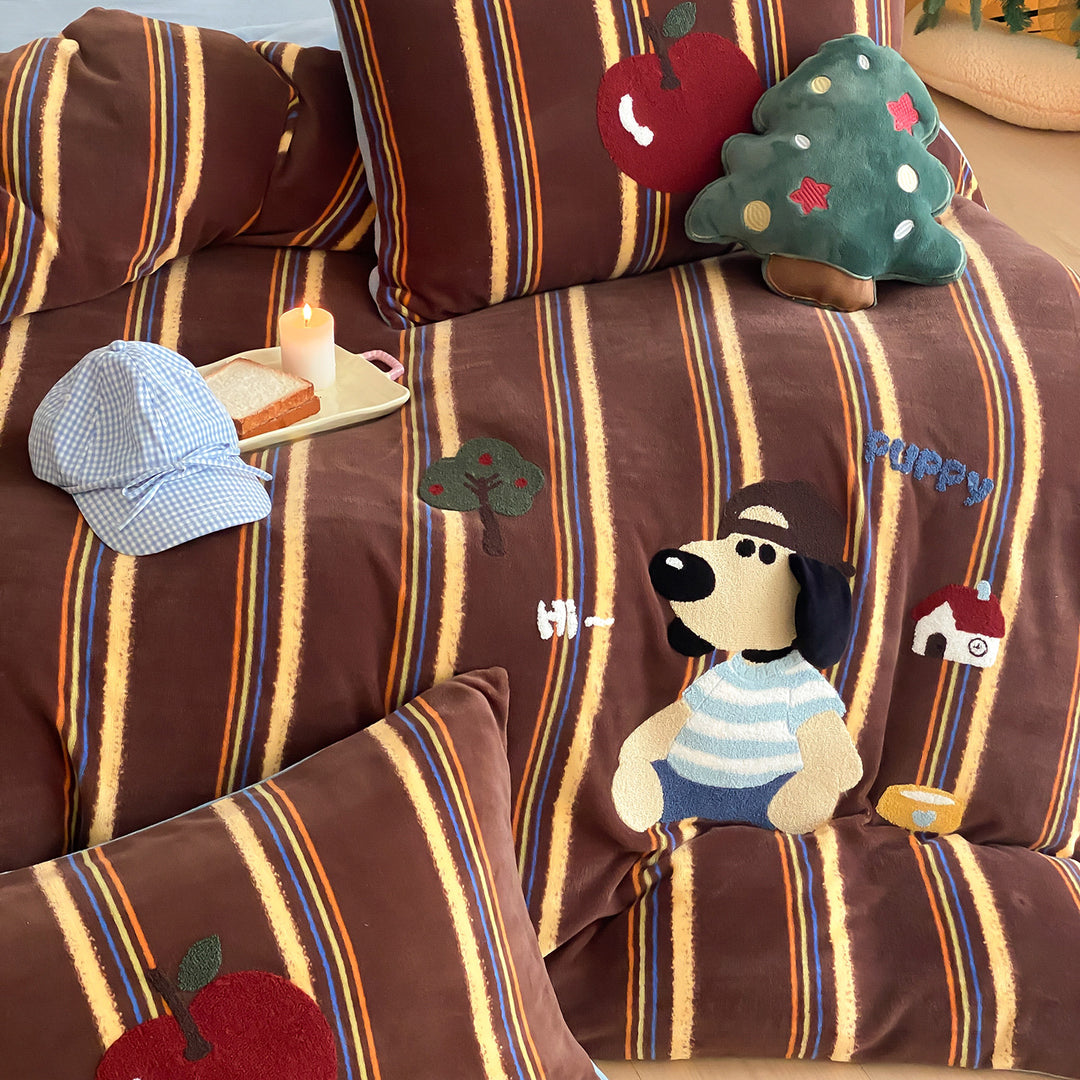 Plush Embroidered Velvet-Feel Duvet Cover Set with Cartoon Dog Appliqué