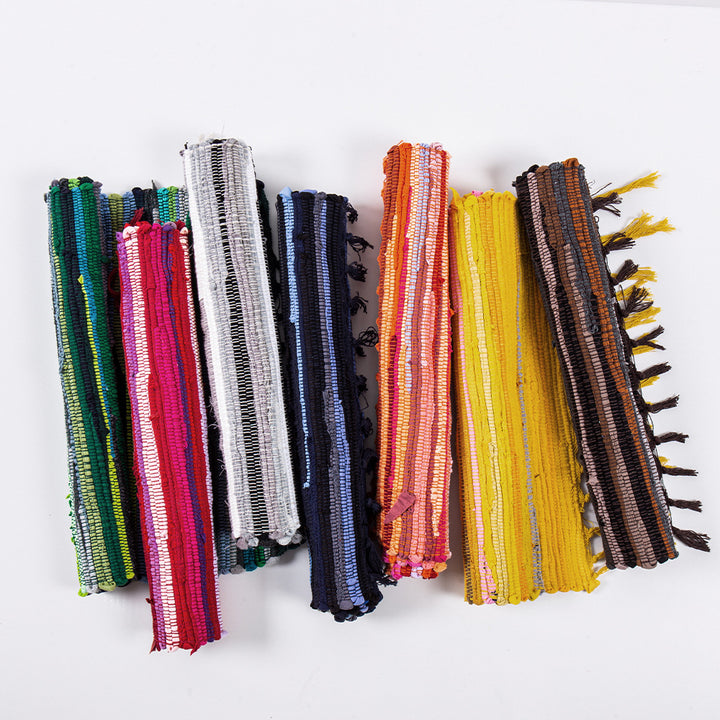 Handwoven cotton runner with colorful stripes and fringes Stornfield