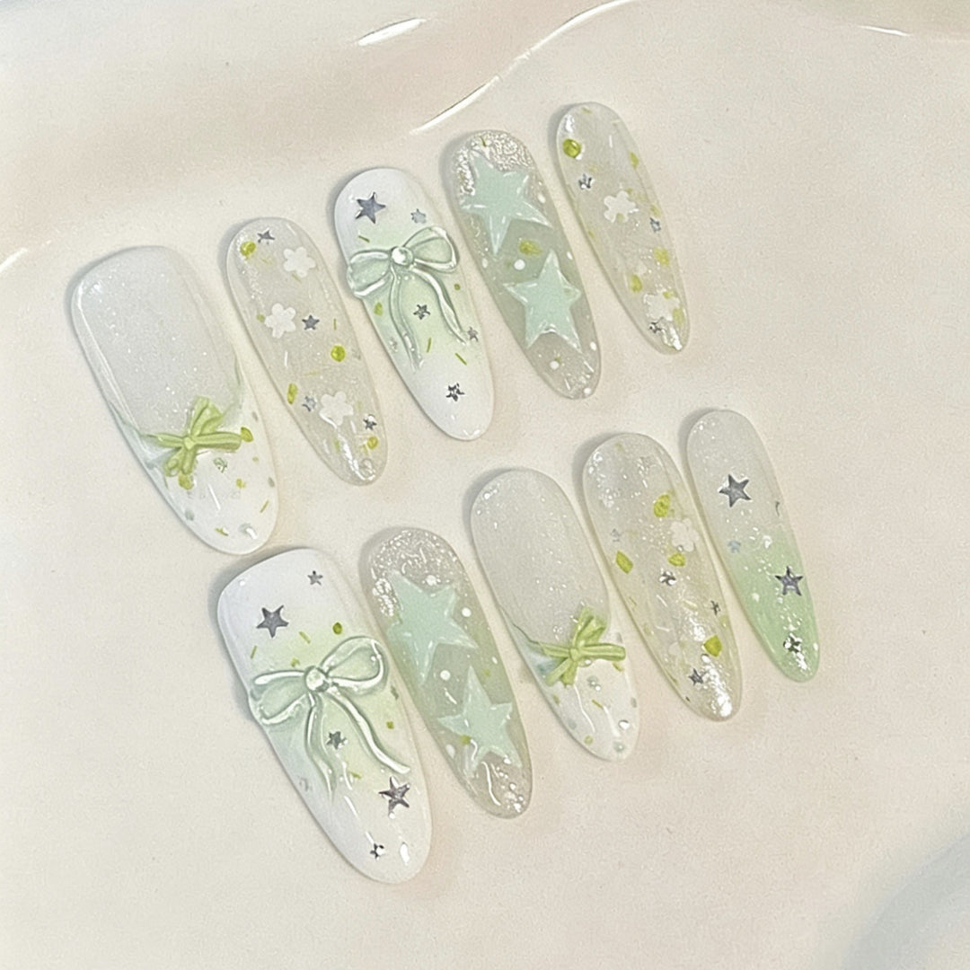 Artistic Press-On Nail Set with Star and Floral Design
