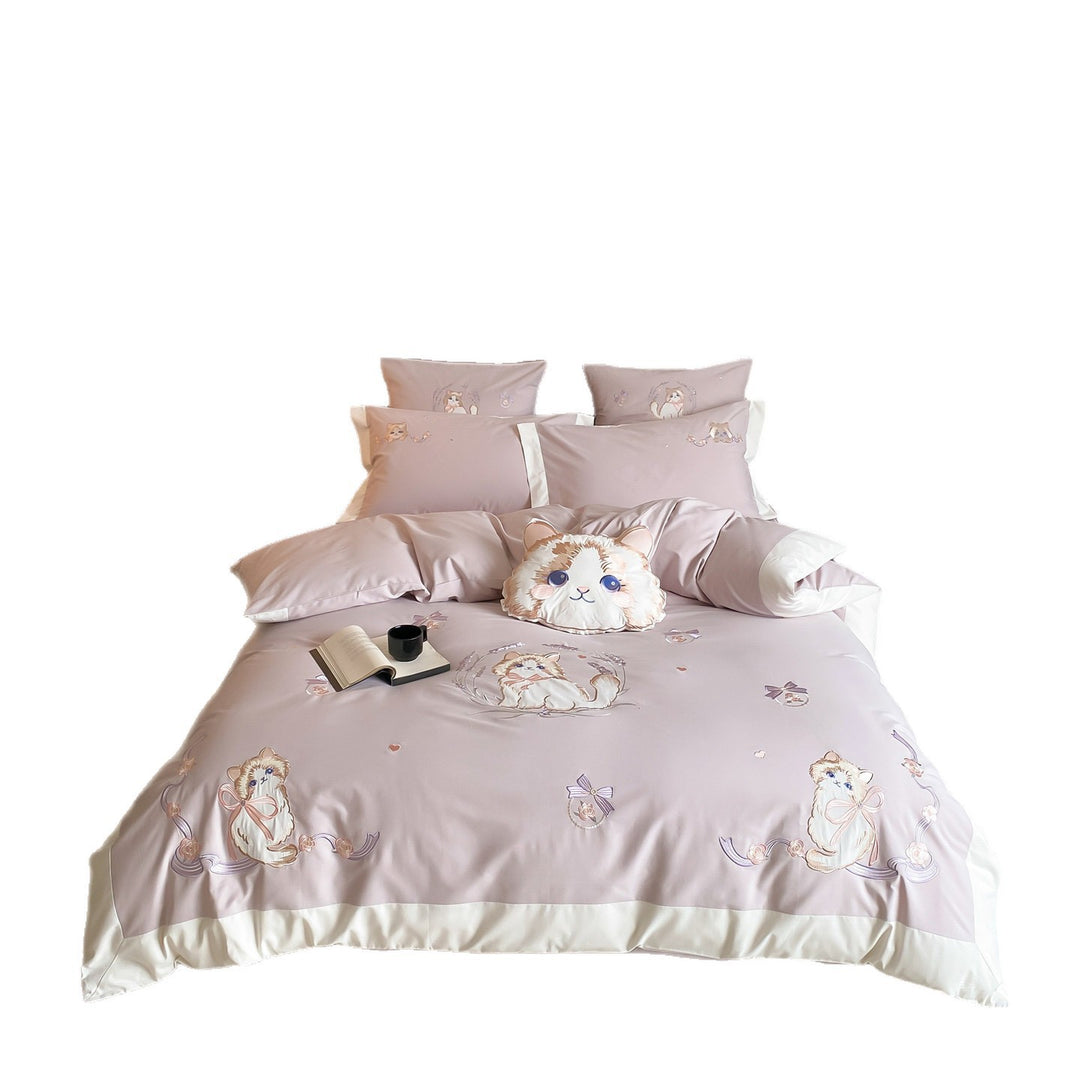 Luxurious Embroidered Cat Cotton Duvet Cover Set with Pillowcases and Plush Cat Throw Cushion