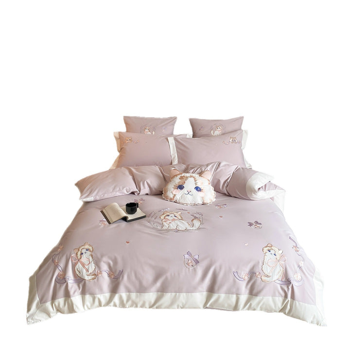 Luxurious Embroidered Cat Cotton Duvet Cover Set with Pillowcases and Plush Cat Throw Cushion