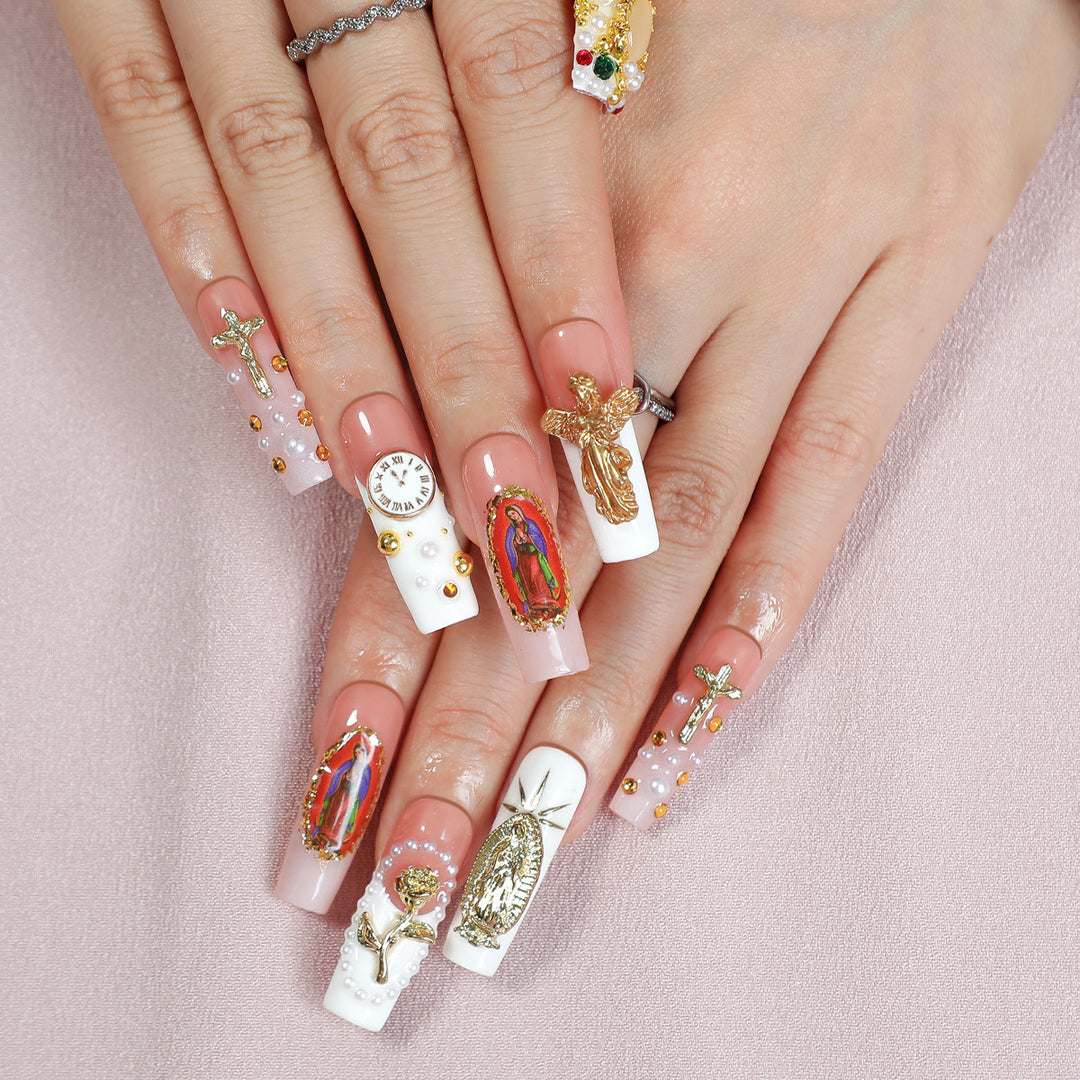 Artificial nail set with luxurious 3D decorations and religious motifs Stornfield