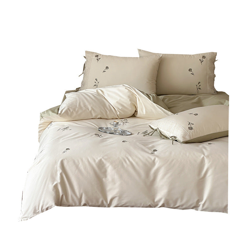 Embroidered Cotton Sateen Duvet Cover and Pillowcase Set with Lace Trim