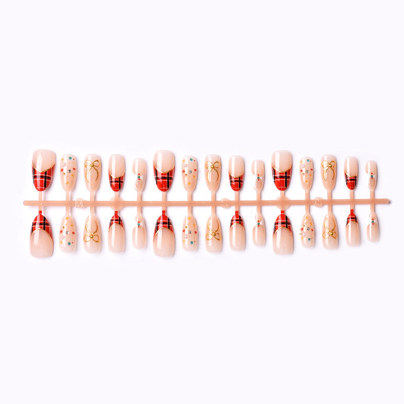 Festive Themed Press-On Nail Art Set with Plaid Design and Gem Accents Stornfield
