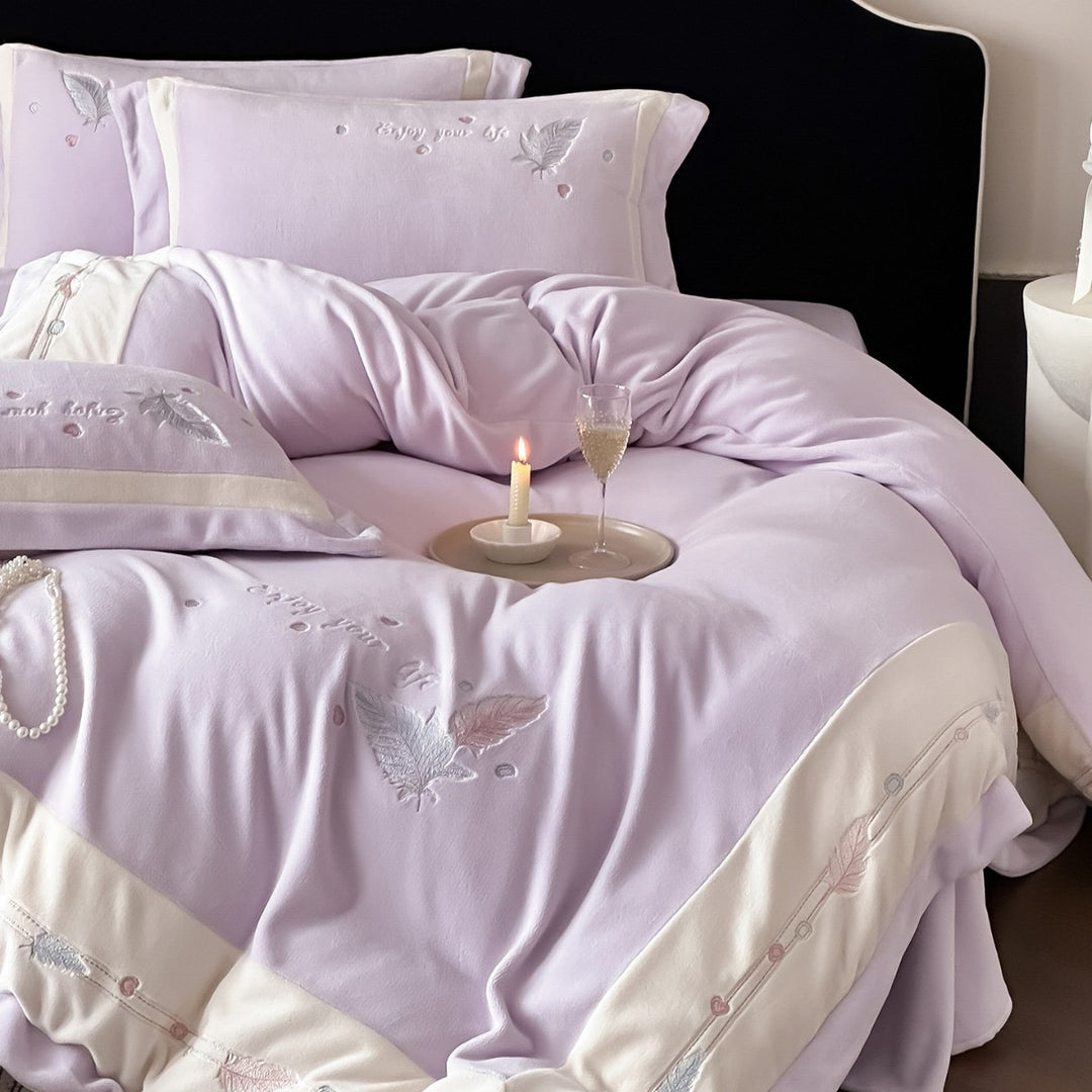 Plush Brushed Flannel Embroidered Feather Duvet Cover and Sham Set