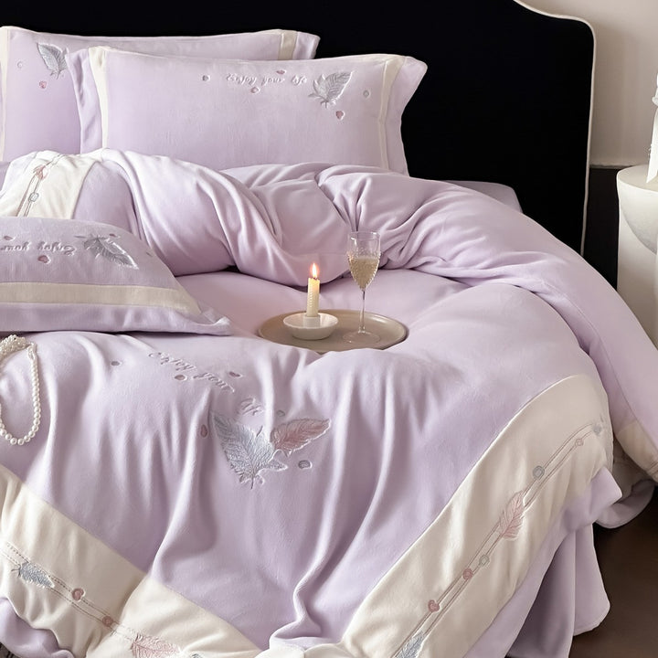 Plush Brushed Flannel Embroidered Feather Duvet Cover and Sham Set