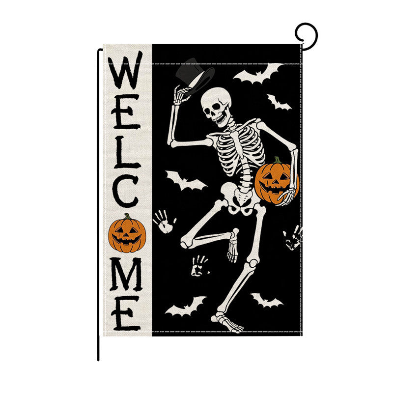 Outdoor Halloween Garden Flag Double-Sided Polyester Yard Banner with Skeleton and Jack-o'-Lantern Illustration