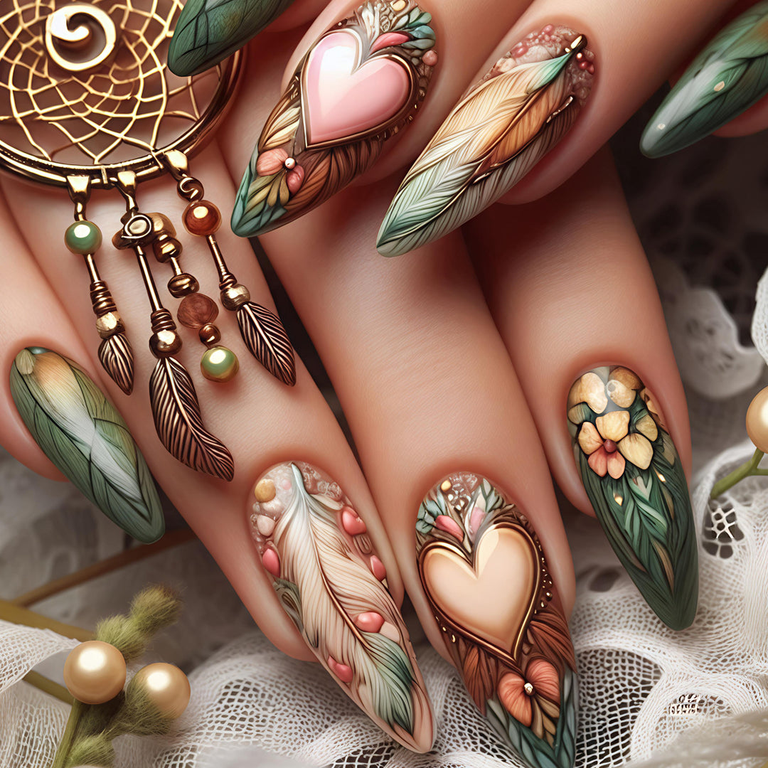 Artificial nails with floral and romantic heart design Stornfield