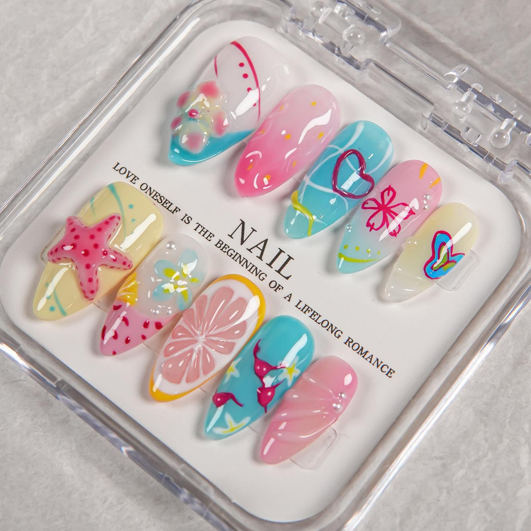 Artistic Press-On Nail Set Featuring Summer Designs