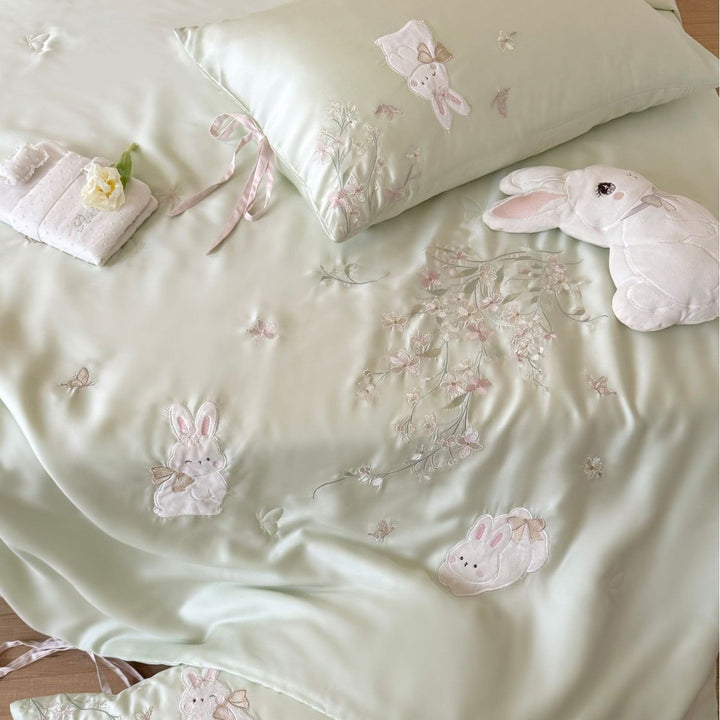 Satin-Feel Embroidered Bunny Duvet Cover Set with Tie-Closure Pillow Shams