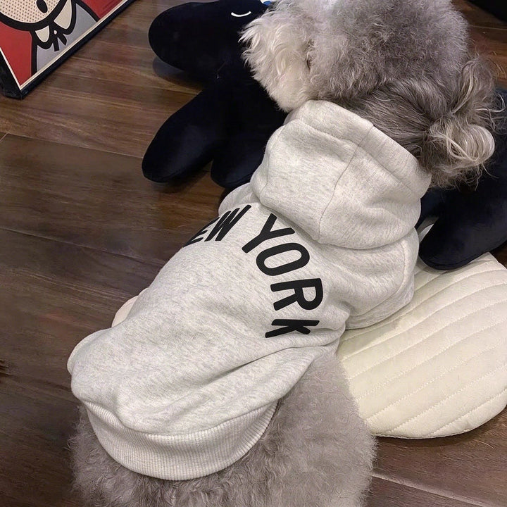 Pullover Fleece-Lined Dog Hoodie with New York Graphic and Ribbed Hem