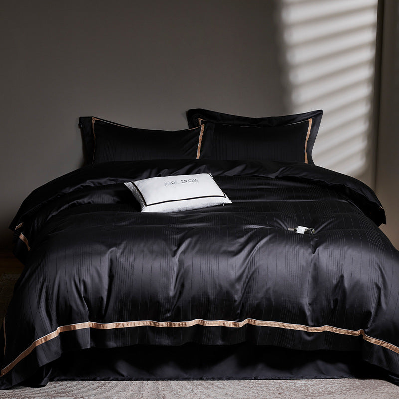 Cotton-Sateen Duvet Cover Set with Contrast Piped Border and Subtle Jacquard Motif