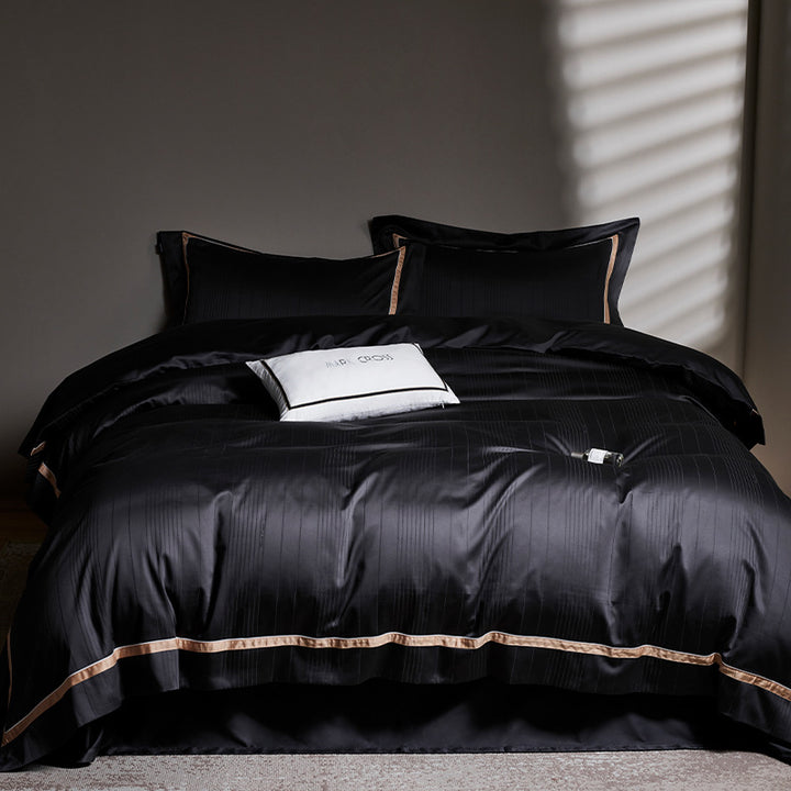 Cotton-Sateen Duvet Cover Set with Contrast Piped Border and Subtle Jacquard Motif