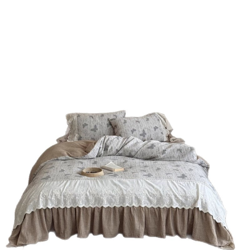 Embroidered Scallop-Edge Duvet Cover Set with Ruffled Bedskirt & Pillow Shams