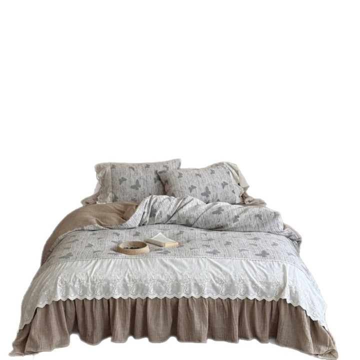 Embroidered Scallop-Edge Duvet Cover Set with Ruffled Bedskirt & Pillow Shams