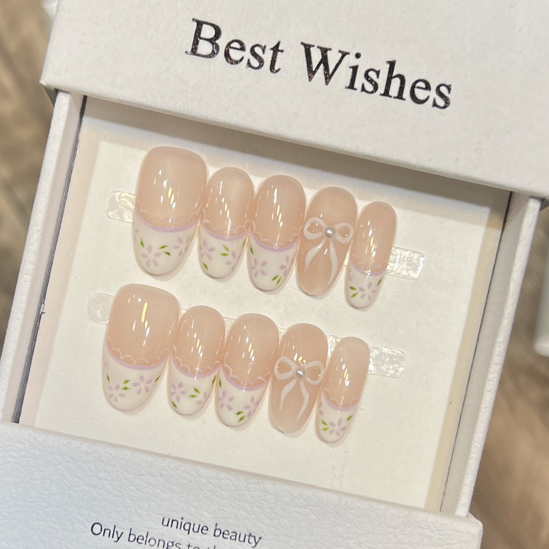 Decorative Press-On Nail Set with Floral Bow Design Stornfield