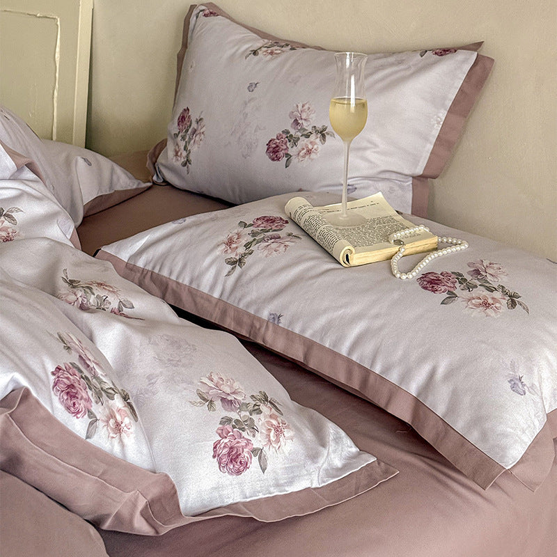 Romantic Cotton Sateen Reversible Duvet Cover Set with Scattered Rose Print and Piped Hem