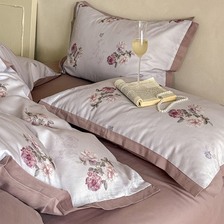 Romantic Cotton Sateen Reversible Duvet Cover Set with Scattered Rose Print and Piped Hem