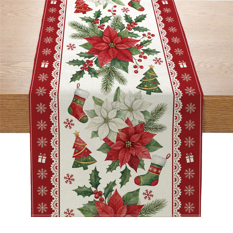 Festive Cotton-Linen Christmas Table Runner with Snowman and Plaid Tree Illustration