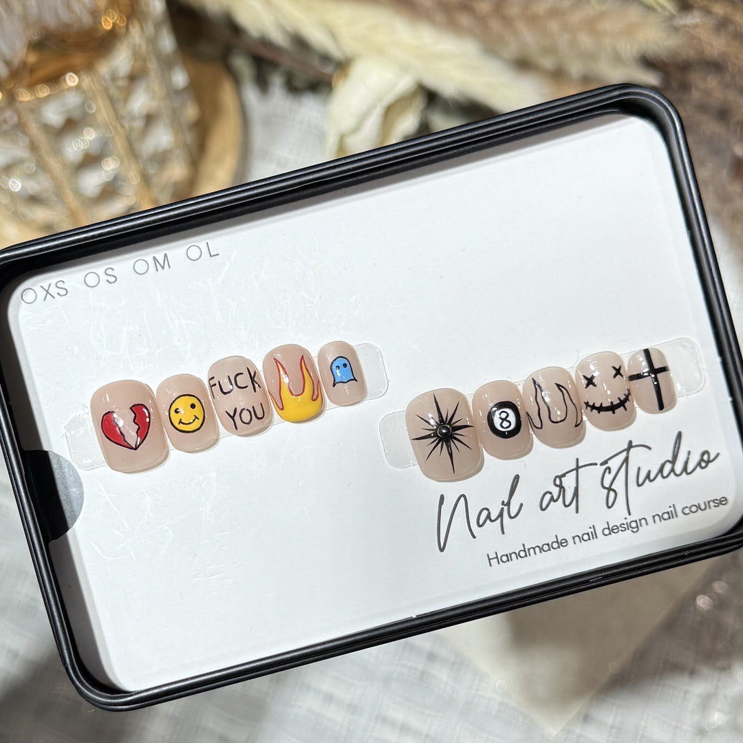 Artistic Press-On Nail Set with Unique Graphic Designs Stornfield