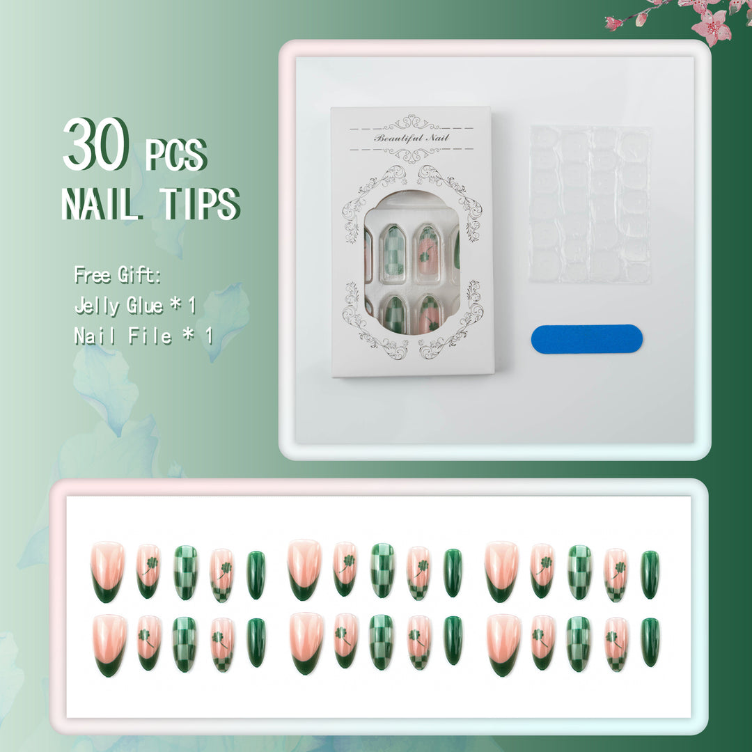 Themed Press-On Nail Art Set with Clover and Plaid Design