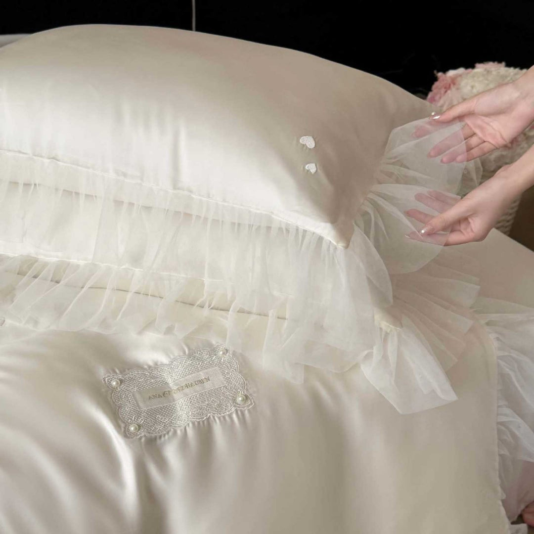 Satin Ruffled Tulle-Trim Button-Down Duvet Cover Set