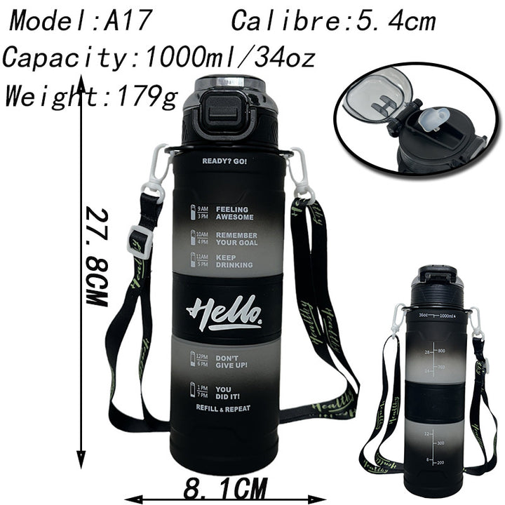 Women's motivation water bottle with time display and shoulder strap Stornfield