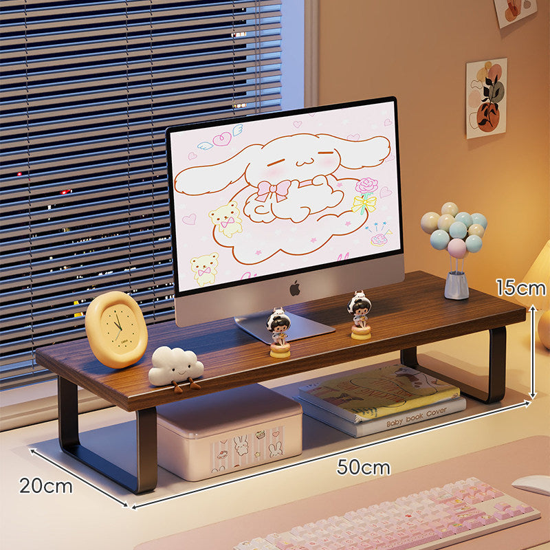 Low-Profile Wooden Monitor Riser with Metal Legs and Under-Shelf Storage