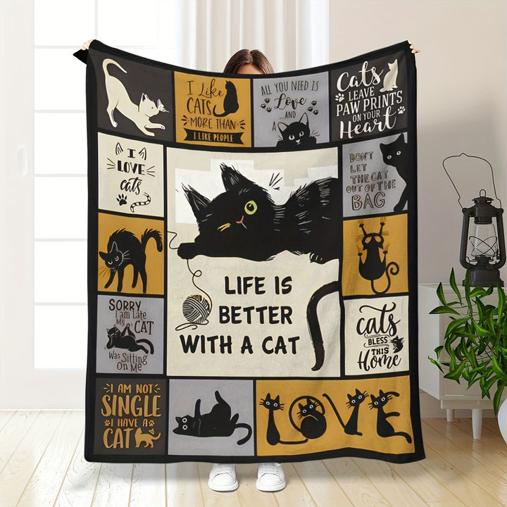 Fleece Blanket Featuring Illustrated Kittens
