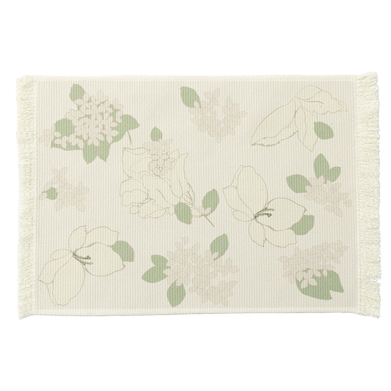 Woven table placemat made of cotton blend with olive branch print and decorative fringe edge