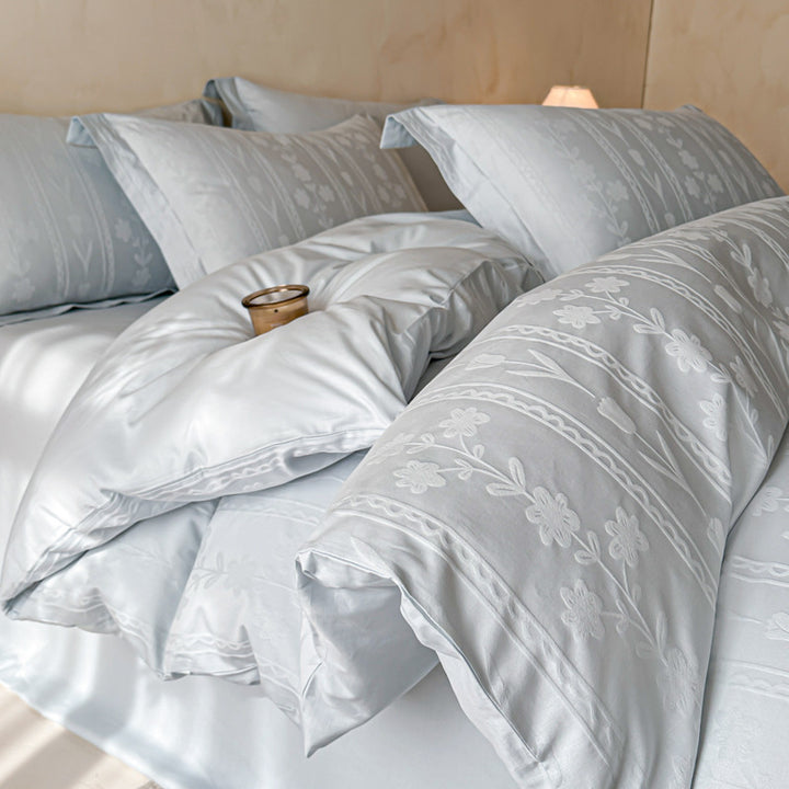 Floral Jacquard Cotton Duvet Cover Set with Pillowcases and Hidden Zipper