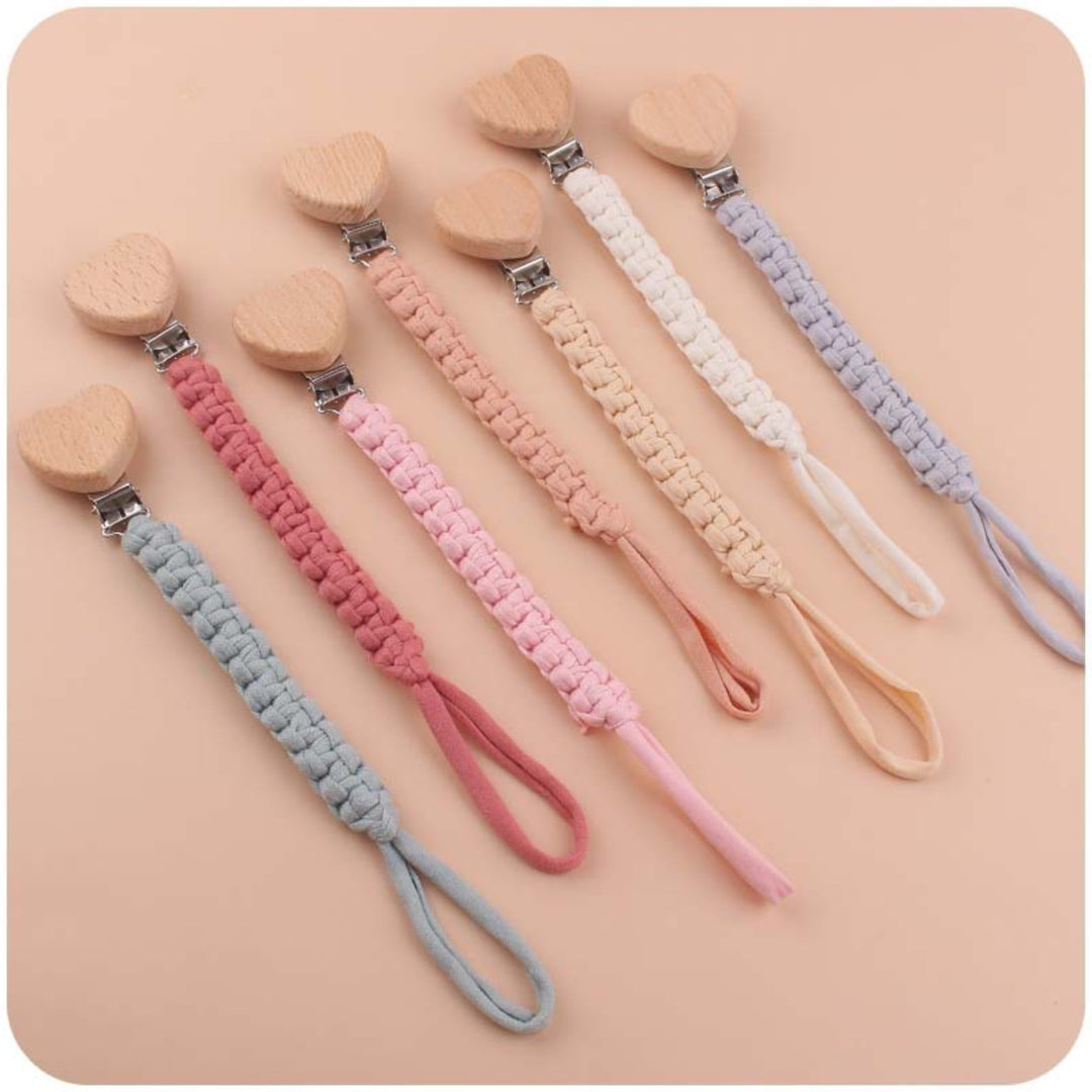 Braided Fabric Pacifier Clip with Wooden Heart Safety Clamp