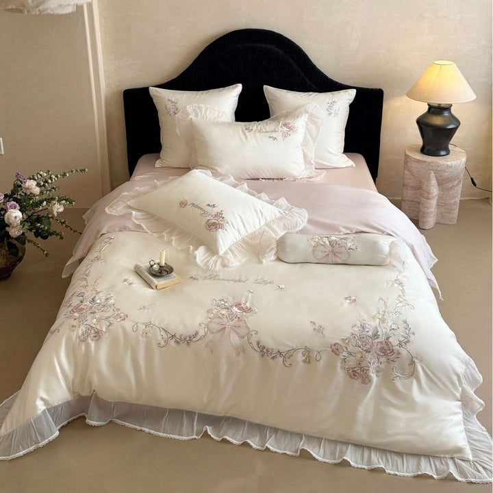 Luxurious Embroidered Satin Duvet Cover Set with Ruffled Chiffon Trim