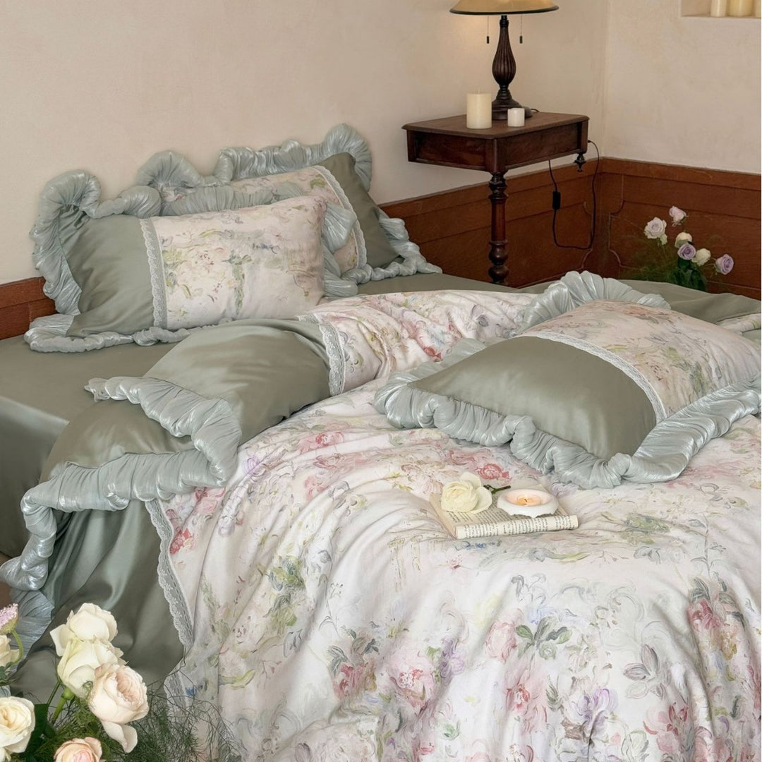 Bedding complete set with ruffle, lace applique, and floral watercolor print