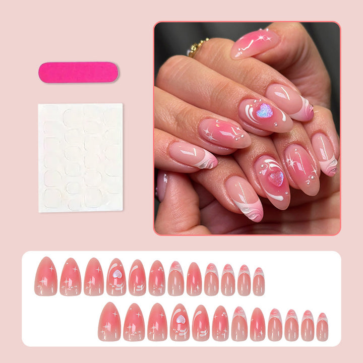 Acrylic nail set with romantic heart design and glitter accents Stornfield