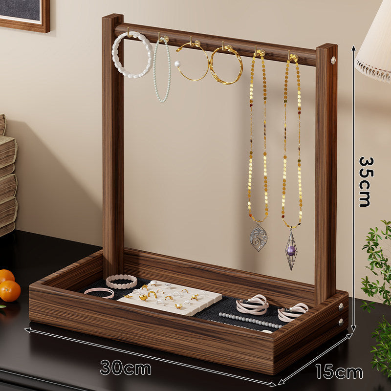 Wooden Jewelry Display and Tray Organizer with Hanging Bar and Ring Slots